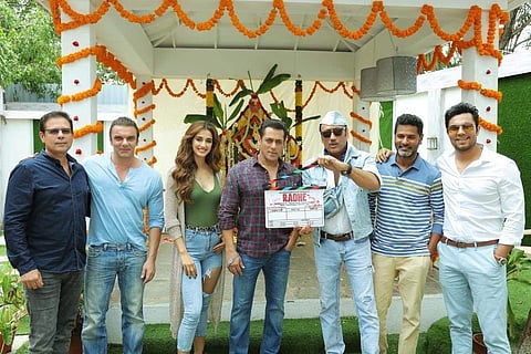 Salman Khan with the cast and crew of 'Radhe.' (Photo | Twitter/@BeingSalmanKhan)