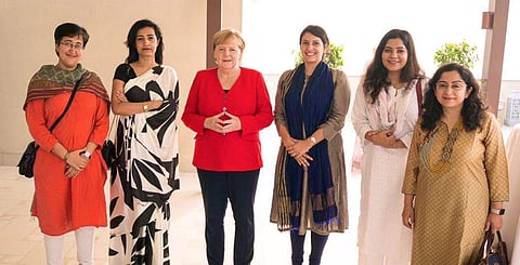 German Chancellor Angela Merkel with AAP leader Atishi (extreme left), Karuna Nundy (next to her) and others (Photo | Atishi, Twitter)