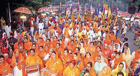 People belonging to Sikh community take part in the ‘Nagar Keertan’ organised as part of the 550th birth anniversary celebrations of Guru Nanak in Hyderabad. (Photo | EPS, Sathya Keerthi)