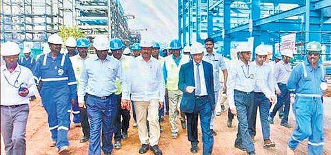 Dharmendra Pradhan going round the expansion project of HPCL’s Visakh Refinery in Visakhapatnam on Saturday I Express
