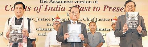 CJI Ranjan Gogoi with CJI-designate Justice Sharad Arvind Bobde, and Assam CM Sarbananda Sonowal during a book launch in Guwahati on Sunday  | Pti