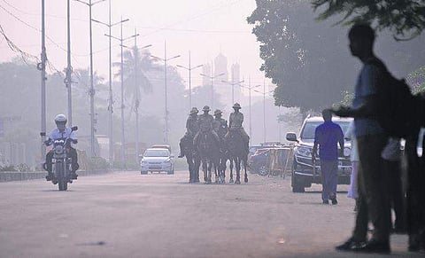A thick blanket of smog engulfs the city, at Wallajah road in Chennai. (Photo | EPS, Debadutta Mallick)