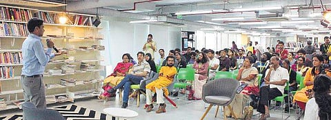 A student explaining his idea to the gathering at British Council in the city on Sunday