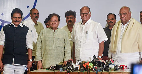 NCP Chief Sharad Pawar, Congress leaders Ahmed Patel, Mallikarjun Kharge and KC Venugopal during a joint press conference in Mumbai Tuesday, Nov. 12 2019. | (Photo | PTI)