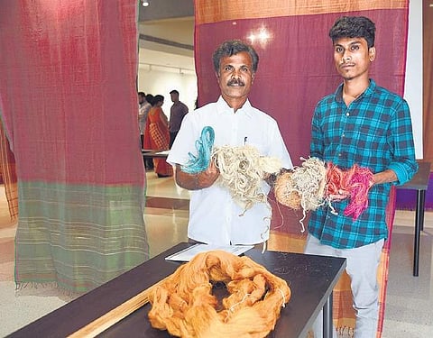 C Shekar and his son at a handloom expo at BIC| Nagaraja Gadekal