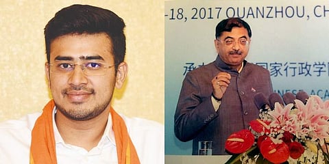 BJP leaders Tejasvi Surya (L) and Tarun Vijay