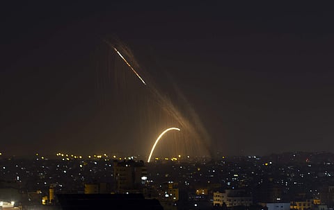 Rockets are launched from the Gaza Strip towards Israel, Wednesday, Nov. 13, 2019. Israeli aircraft have struck Islamic Jihad targets throughout the Gaza Strip while the militant group rained scores of rockets into Israel for a second straight day as the 