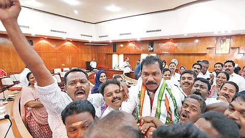 UDF councillors celebrating K R Premkumar’s victory in the deputy mayor election held on Wednesday| Arun Angela