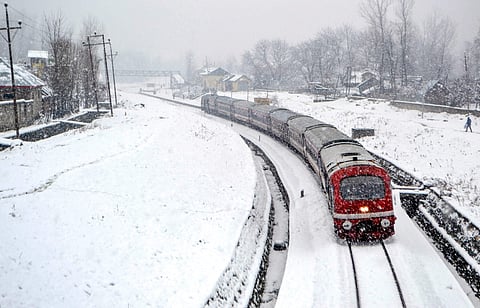 Image used for representational purposes | A train trails on a snow-covered Srinagar-Banihal railway track 
