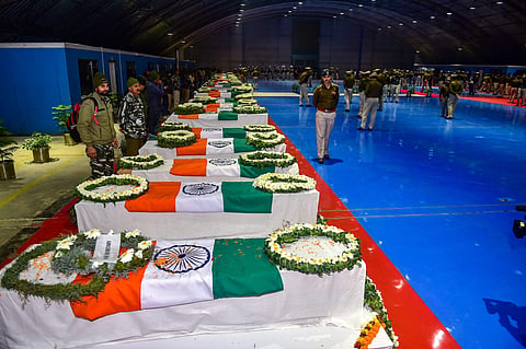 A file image of mortal remains of CRPF jawans who lost their lives in Thursday's Pulwama terror attack during a tribute paying ceremony at AFS Palam in New Delhi Friday Feb 15 2019. (File Photo| PTI)