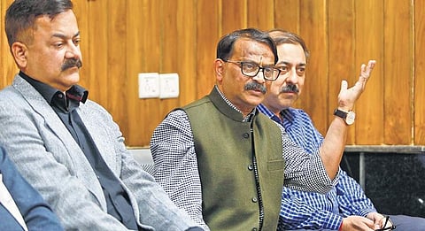 Professors of Jawaharlal Nehru University address a press conference on the students’ protest against hostel fee hike in the university at Gomti Guest House in  New Delhi on Sunday | Arun Kumar
