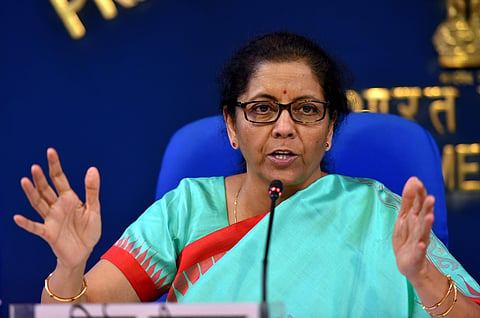 Finance minister Nirmala Sitharaman during a press meet in New Delhi. (Photo |PTI)