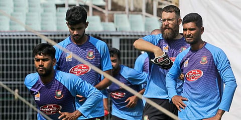Bangladesh spin coach Daniel Vettori with his bowlers during a practice session  in Kolkata. (Photo | AP)