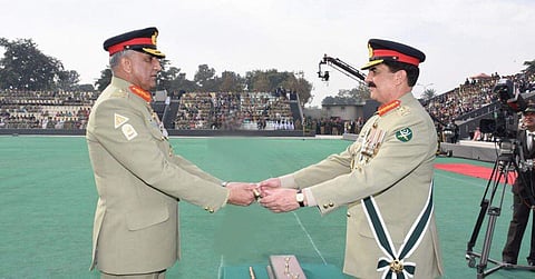 (Left) Pakistan Army Chief Qamar Javed Bajwa during his investiture ceremony. (Photo | Twitter)