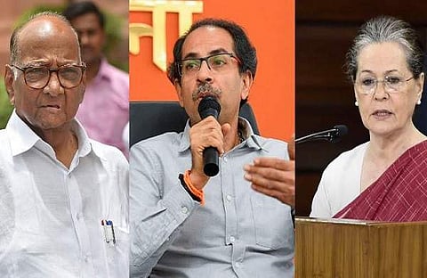 NCP chief Sharad Pawar(L),  Shiv Sena chief Uddhav Thackeray (M) and Congress interim president Sonia Gandhi.