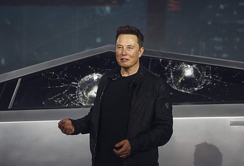 Tesla CEO Elon Musk introduces the Cybertruck at Tesla's design studio Thursday (File Photo | AP)