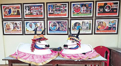 Equipment, cosmetics, and other instruments used by folk artistes on display at a dedicated section in the district central library in Madurai (Special arrangement)