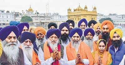 SGPC’s president Gobind Singh Longowal (third from left) with office bearers at the Golden Temple, in Amritsar on Wednesday | Pti