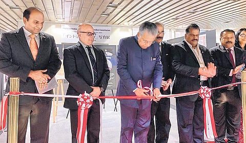 Chief Minister Pinarayi Vijayan inaugurating a photo exhibition on the making of the Indian Constitution at the Osaka Chamber of Commerce and Industry in the presence of Consul-General B Shyam. Industries Minister E P Jayarajan, Transport Minister A K Sas