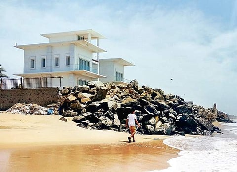 Seawall being constructed by owners of beach-facing luxury bungalows to protect the houses from sea erosion in Muttukadu (Photo | Shiba Prasad Sahu)