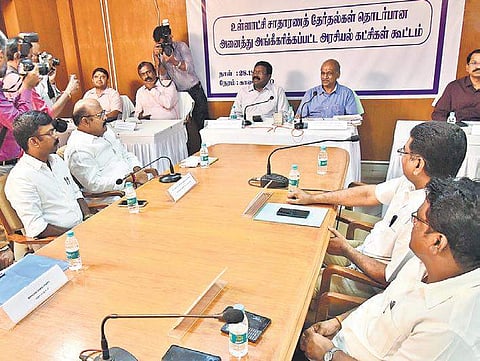 State Election Commissioner R Palaniswamy chairs the all-party meet on  local body elections in Chennai on Thursday | P Jawahar