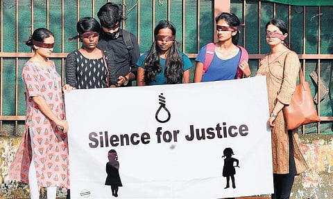 The feminist social media page, Too Much Equal holding a peaceful protest against Walayar case at Rajendra Maidan on Monday | A Sanesh