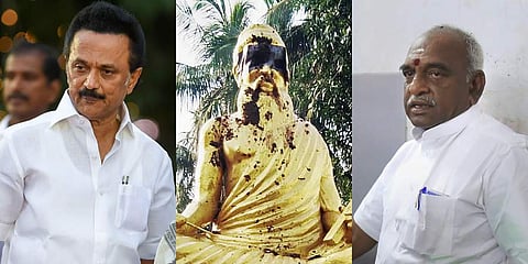 (From L) DMK chief MK Stalin, poet Thiruvalluvar and BJP leader Pon Radhakrishnan (Photo | PTI)