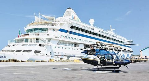 The helicopter which is all set to fly cruise tourists from Mangaluru Port   | rajesh shetty ballalbagh