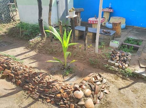 'Gemini' K Ramesh converted the courtyard of his 10-cent land into a garden with borders made of carefully arranged potsherds. (Photo | EPS)
