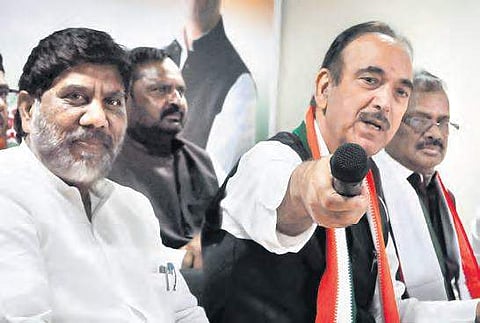 Congress leader Ghulam Nabi Azad gestures during a press conference at Gandhi Bhavan in Hyderabad on Tuesday | S Senbagapandiyan