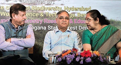 Spl Chief Secretary for Environment and Forests Rajeshwar Tiwari and Chief Conservator of Forests R Sobha at the Stakeholder’s Consultation Workshop in Hyderabad on Wednesday| S Senbagapandiyan