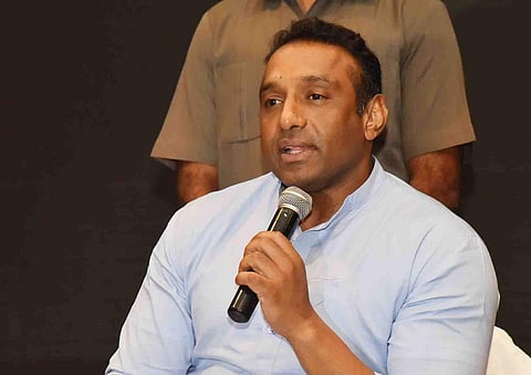 Minister for IT and industries M Gowtham Reddy speaking to mediapersons in Visakhapatnam on Thursday. (Photo | EPS)