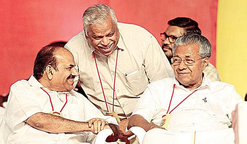 CPM state secretary Kodiyeri Balakrishnan, Chief Minister Pinarayi Vijayan and  M V Jayarajan  (File photo | EPS)
