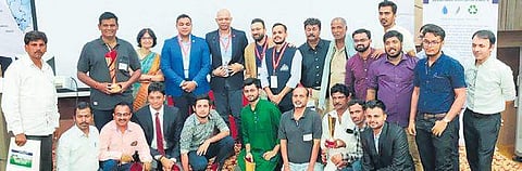 The three innovators from Telangana who won laurels at the third edition of Jagriti Sustainable Enterprise Awards 2019 held at SIMSREE college in Mumbai.