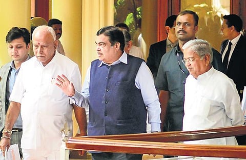 Chief Minister B S Yediyurappa with Union minister for Road Transport and Highways Nitin Gadkari, in Bengaluru, on Tuesday | SHRIRAM BN