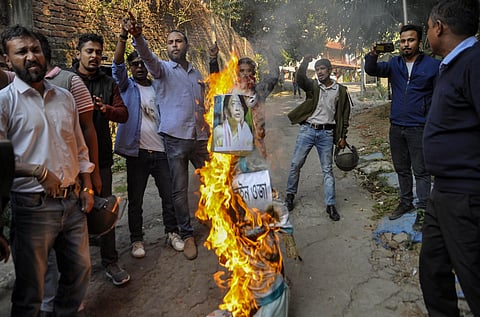 An effigy burnt during a protest against the Citizenship Amendment Bill in Guwahati. (Photo | PTI)
