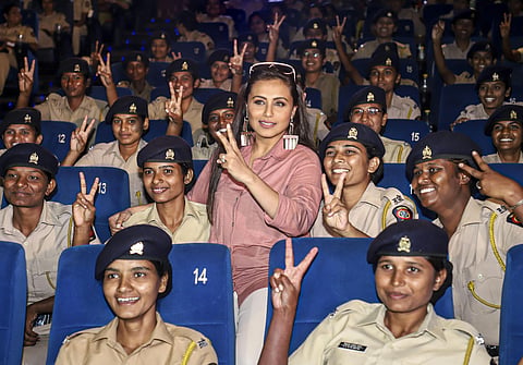 Bollywood actor Rani Mukerji poses with police women during promotion of the film Mardaani 2 at Nariman Point in Mumbai Wednesday Dec 11 2019.  (Photo |PTI)