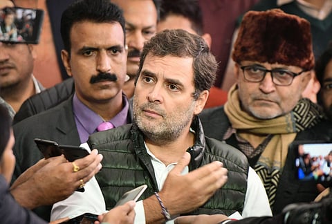 Congress leader Rahul Gandhi addresses the media at Parliament House during the ongoing Winter Session in New Delhi Friday Dec. 13 2019.(Photo | PTI)