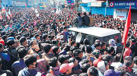 People take part in a protest near Raj Bhavan in Shillong, Meghalaya, against the passage of the Citizenship Amendment Bill in Parliament | PTI