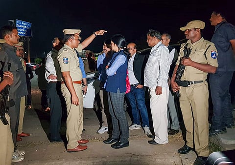NHRC members visit the encounter site where police shot dead four accused involved in the rape-and-murder case of a woman veterinarian at Shamshabad in Hyderabad Saturday Dec. 7 2019. (Photo | PTI)