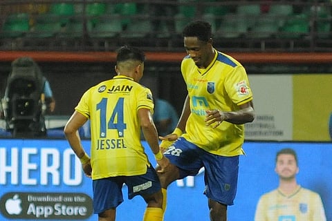 Kerala Blasters player Raphael Messi Bouli (R) celebrating scoring against Jamshedpur  FC. (Photo | EPS/A Sanesh)