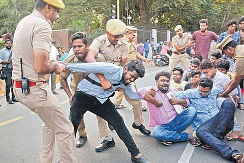 Members of Campus Front of India protesting in front of IIT-M on Thursday | Express
