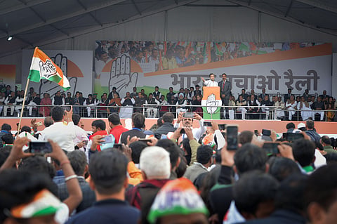 Addressing the Congress' mega 'Bharat Bachao Rally' at Ramlila grounds in New Delhi on Saturday, Congress leader Rahul Gandhi on Saturday said he 'will die but never apologise' for speaking the 'truth.' (Photo | PTI)