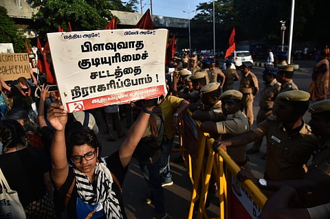 Members of Opposition parties and students from city colleges led by CPI and CPM stage a protest against CAB on Monday in Chennai. (Photo | EPS/ P Jawahar)