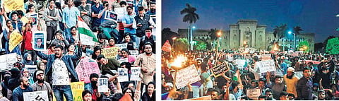 Students from Osmania University, Tata Institute of Social Sciences, English and Foreign Languages University and University of Hyderabad protest against CAA and NRC at Arts College, Osmania University in Hyderabad on Tuesday. (Photo | Vinay Madapu/EPS)