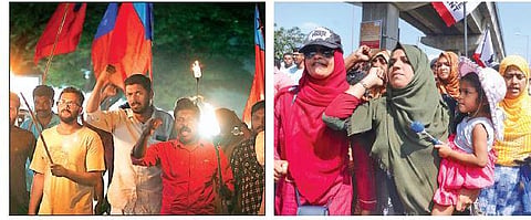 AIYF activists taking out a protest march from High Court junction on hartal day | Arun Angela. Members of the joint protest committee taking out a march to Menaka Junction | A Sanesh