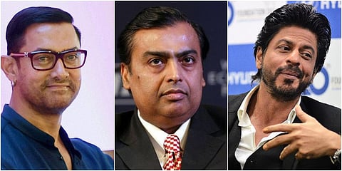 (From L to R) Actor Aamir Khan., Businessman Mukesh Ambani and actor Shah Rukh Khan (Photos | PTI)