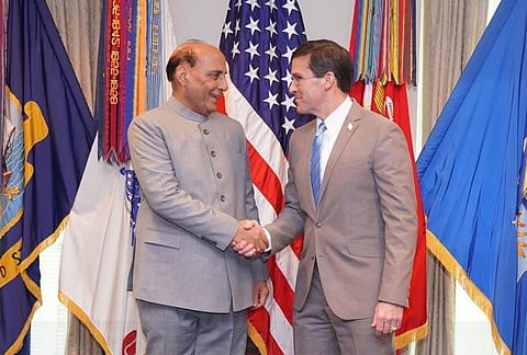 Rajnath Singh in his maiden visit to the US, reviewed India-US defence cooperation with Mark Esper. (Photo | Twitter)