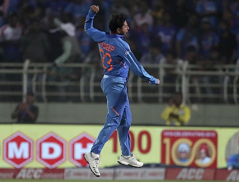 India's Kuldeep Yadav leaps in the air to celebrate the hat-trick (Photo | AP)