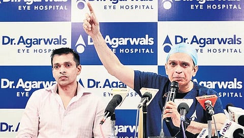 CEO of Dr Agarwal’a Eye Hospital Group Dr Adil Agarwal (left) and Chairman Dr Amar Agarwal during a press meet in Chennai